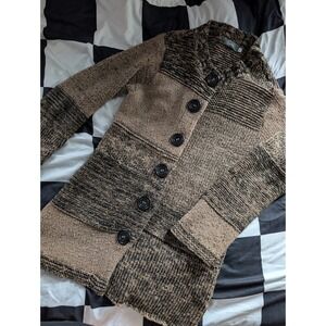Willow Patchwork Knit Cardigan Sweater Beige Black Buttons‎ Women's Size S